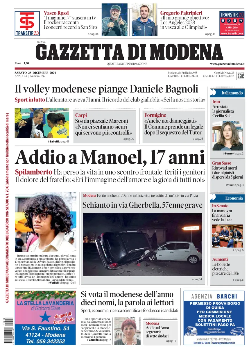 Prima-pagina-gazzetta di modena-oggi-edizione-del-2024-12-28